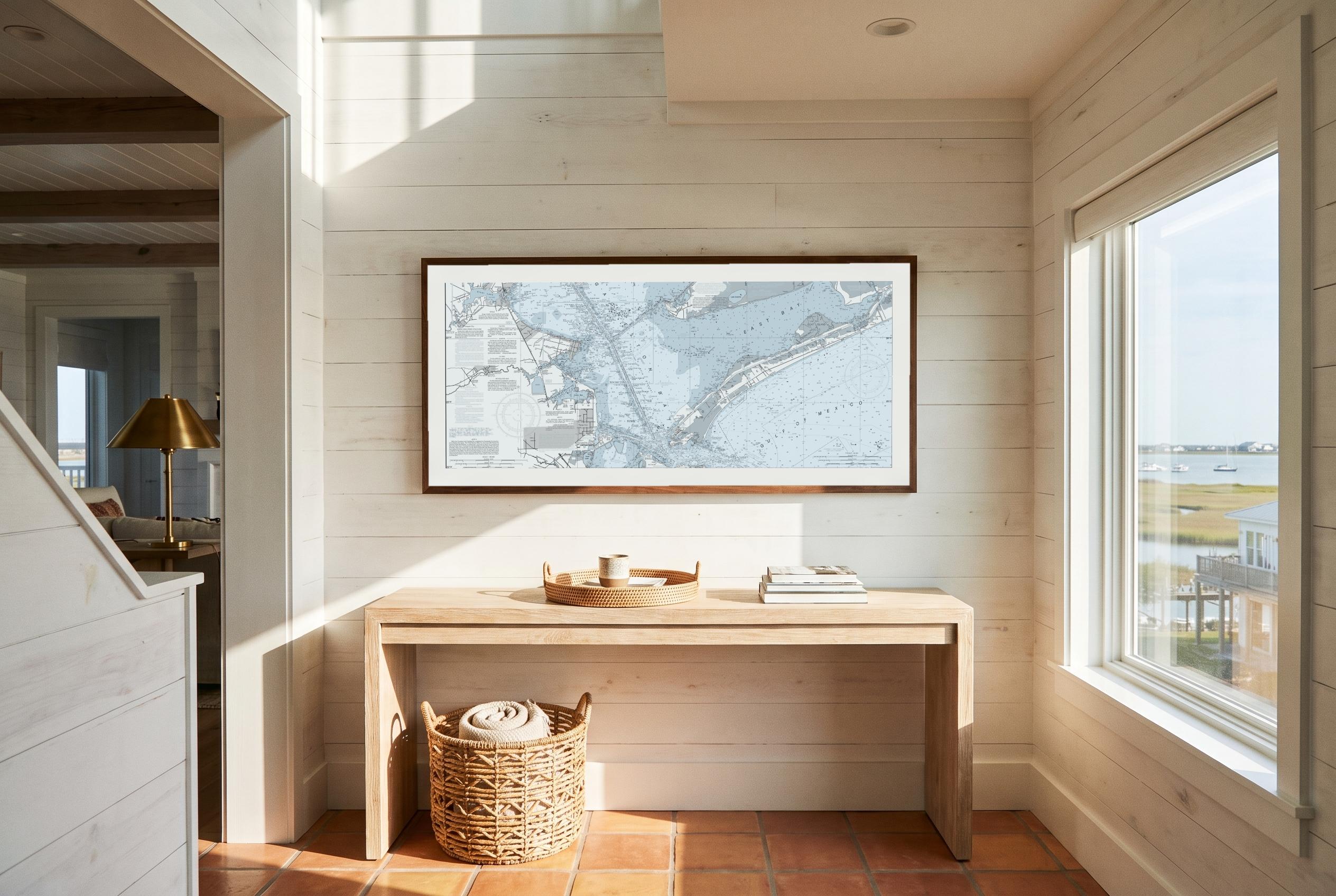Galveston Bay in Sea Smoke, framed in a room