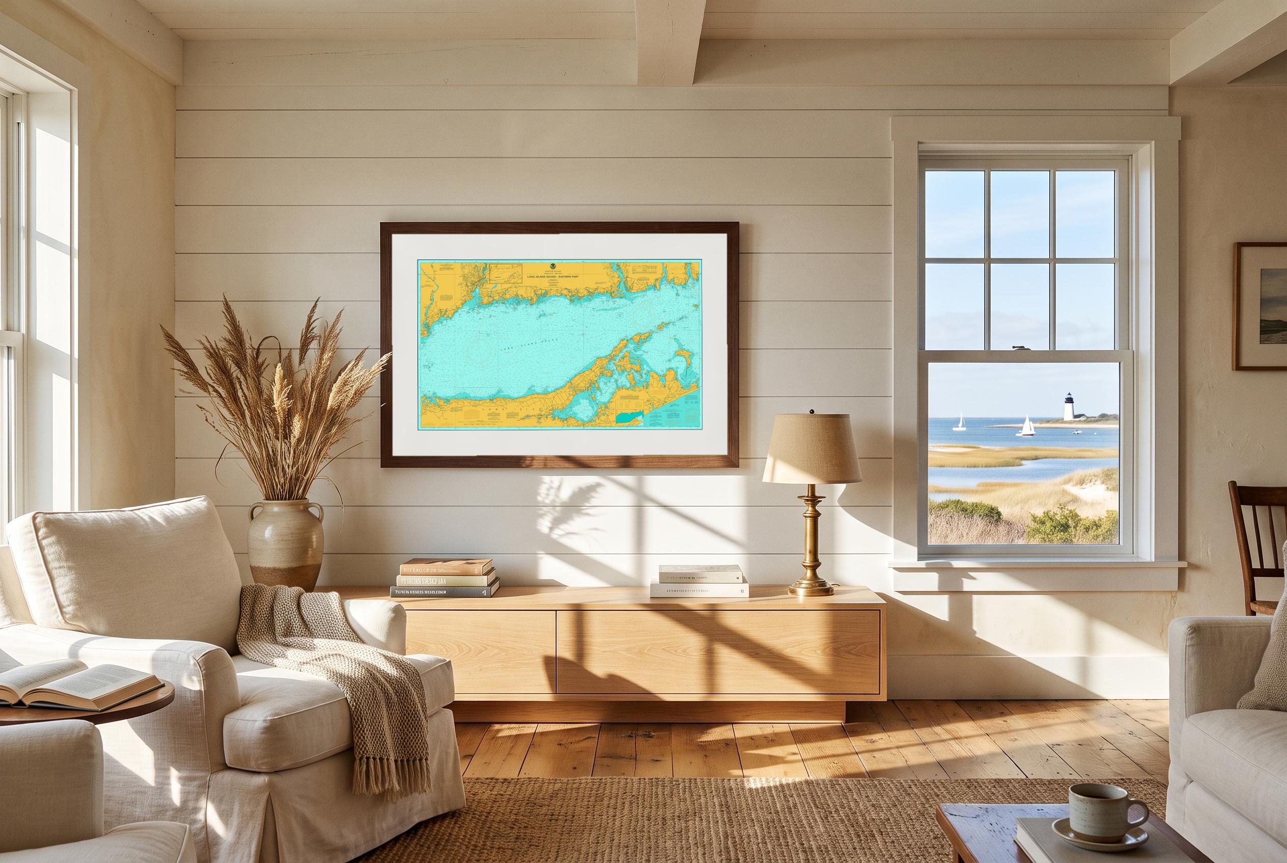 Long Island Sound in Doubloon, framed in a room