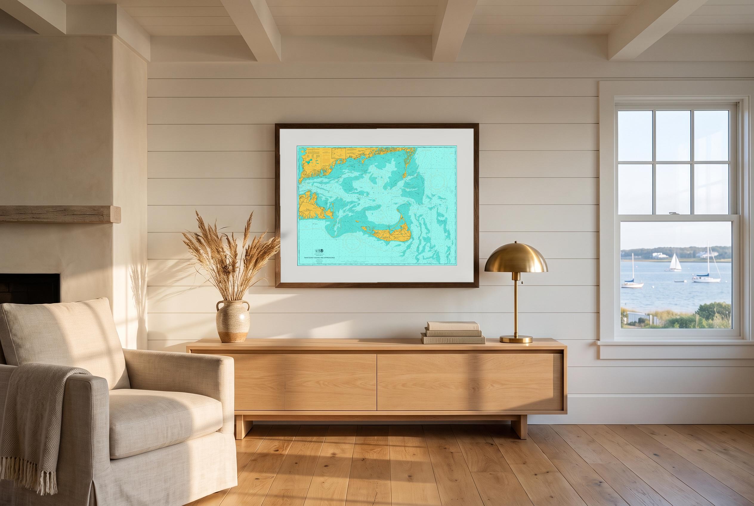 Nantucket Sound in Doubloon, framed in a room