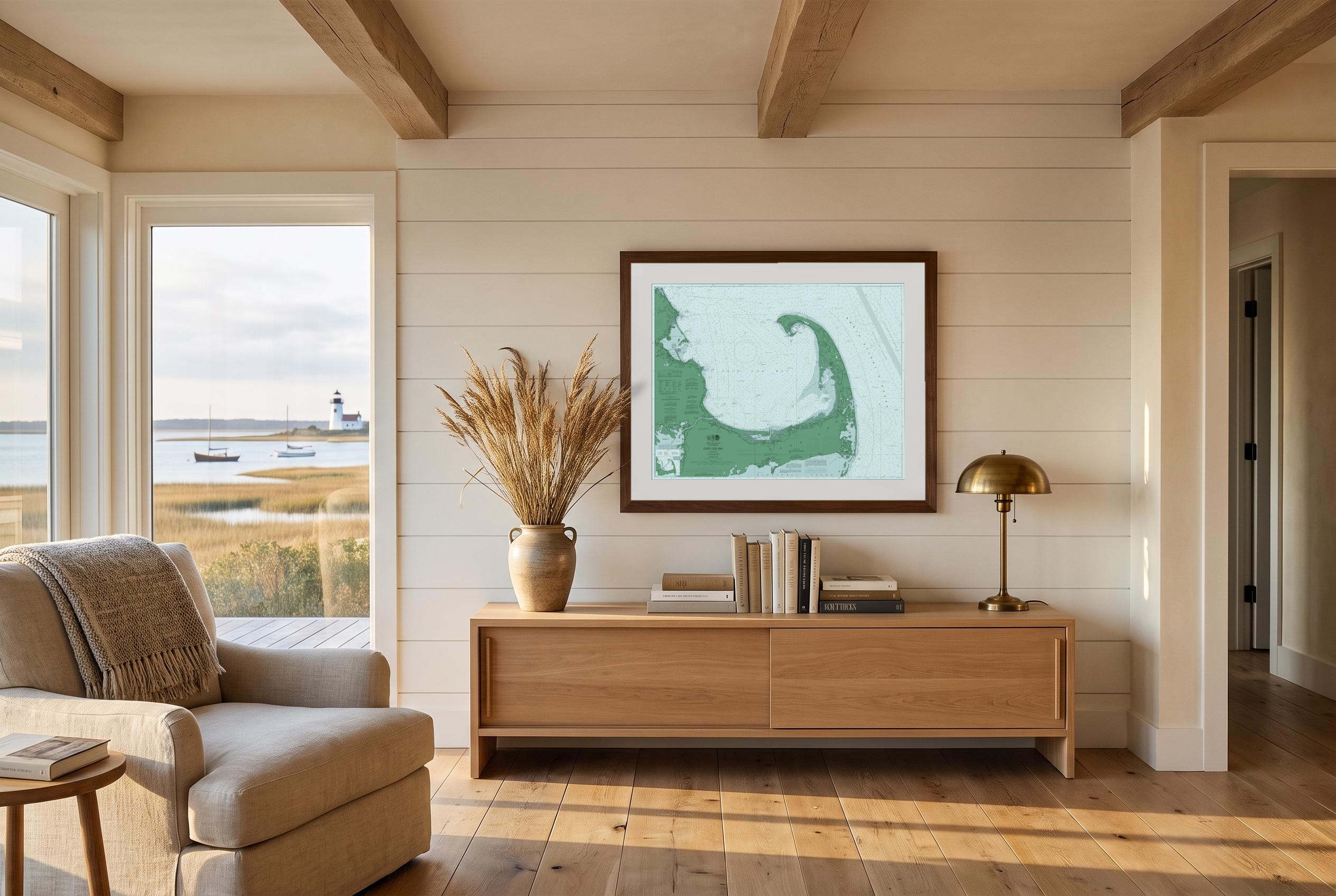 Cape Cod Bay in Salt Marsh, framed in a room