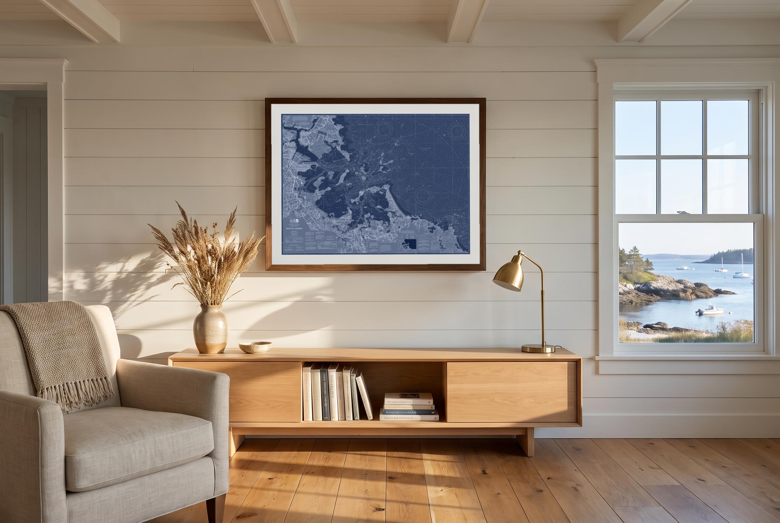Boston Harbor in Blueprint Blue, framed in a room