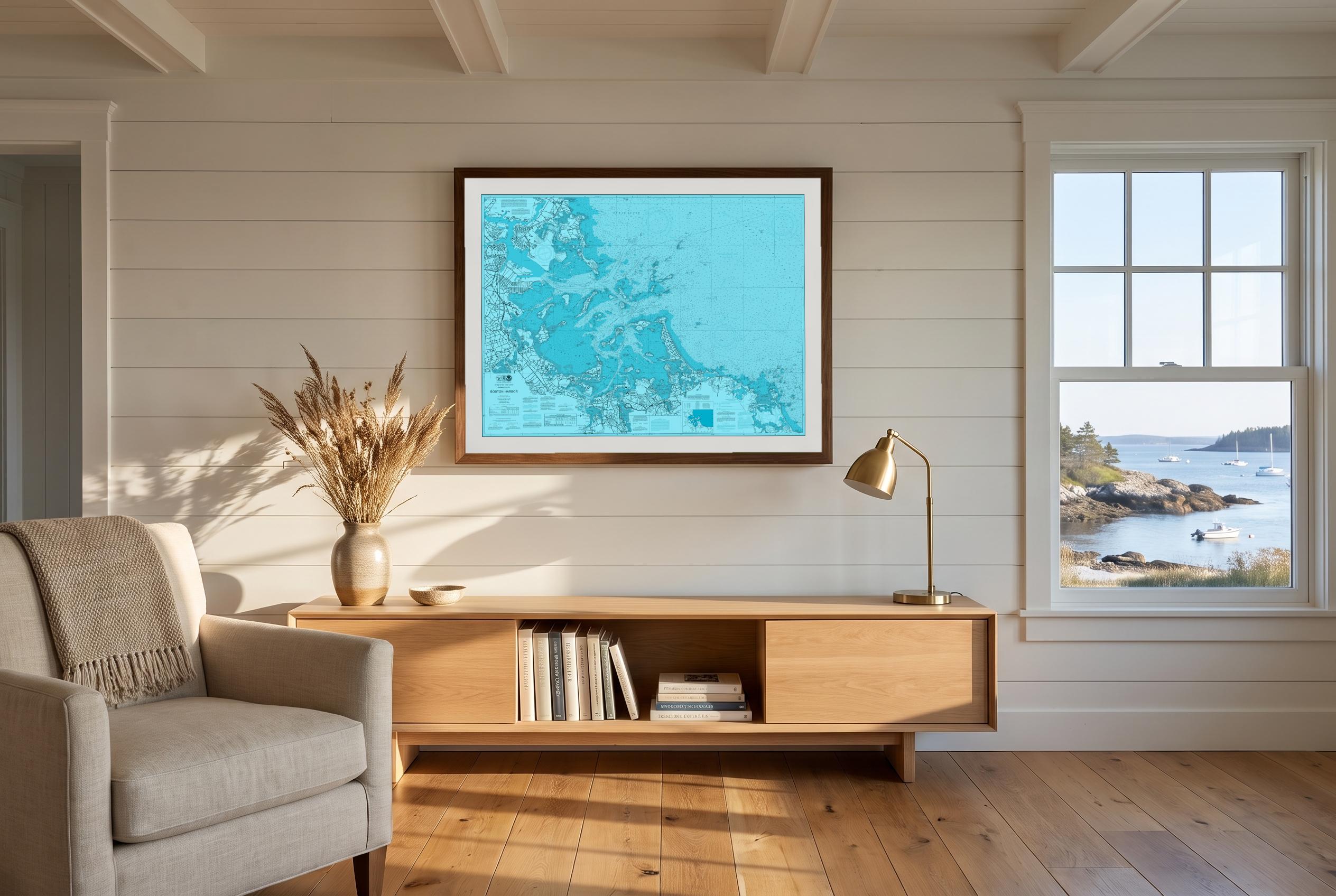 Boston Harbor in Riptide, framed in a room