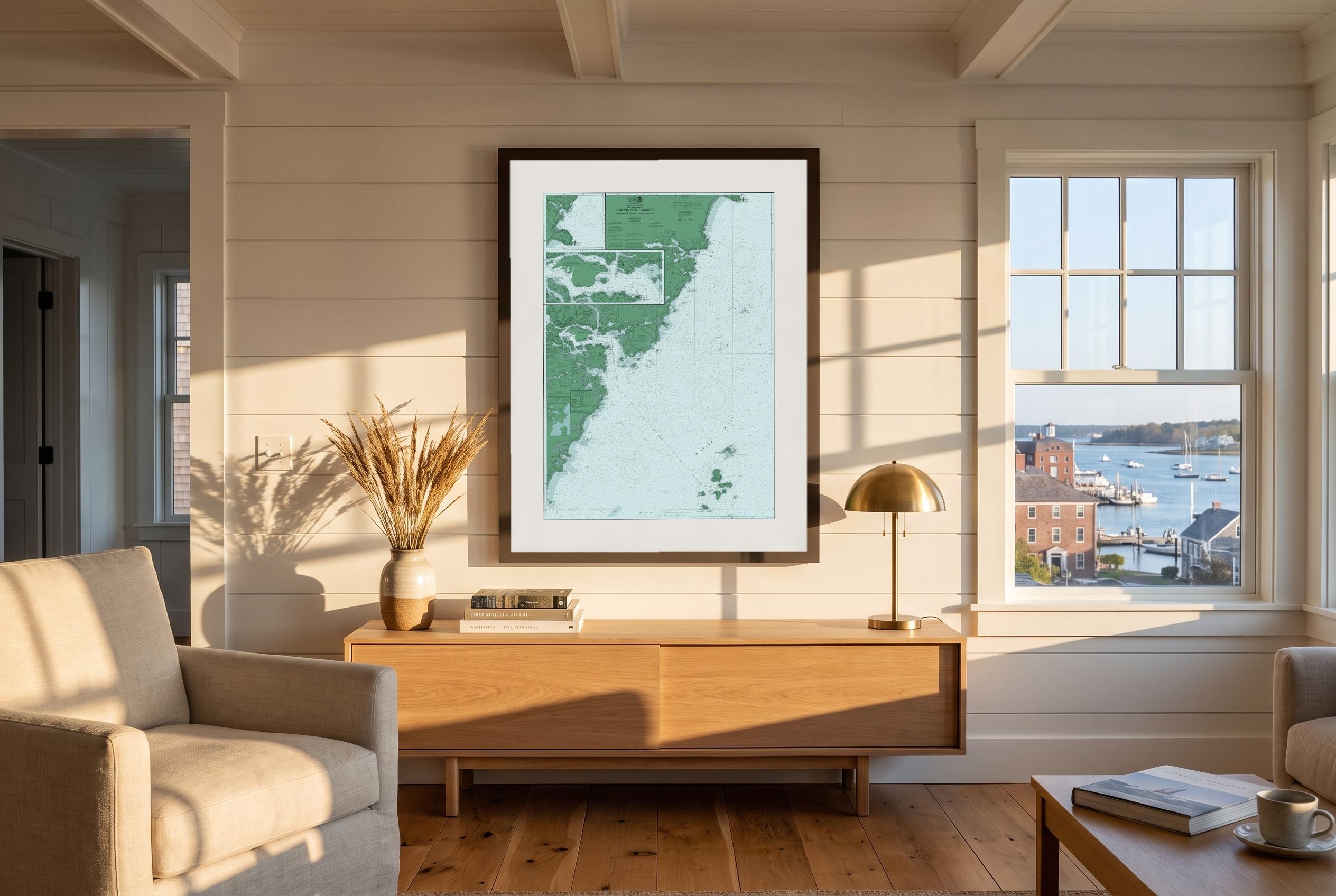 Portsmouth Harbor in Salt Marsh, framed in a room
