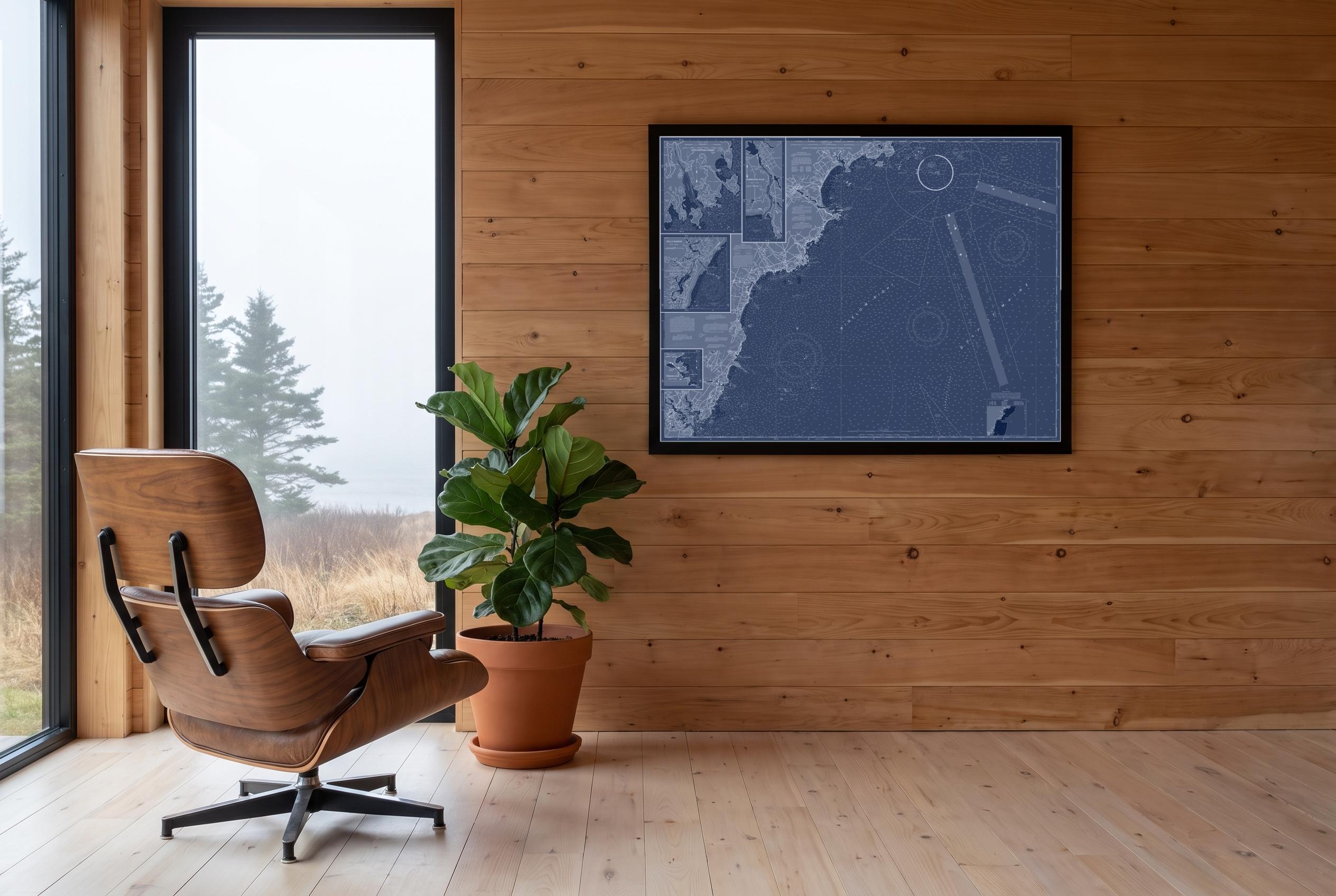 The Maine Beaches in Blueprint Blue, framed in a room