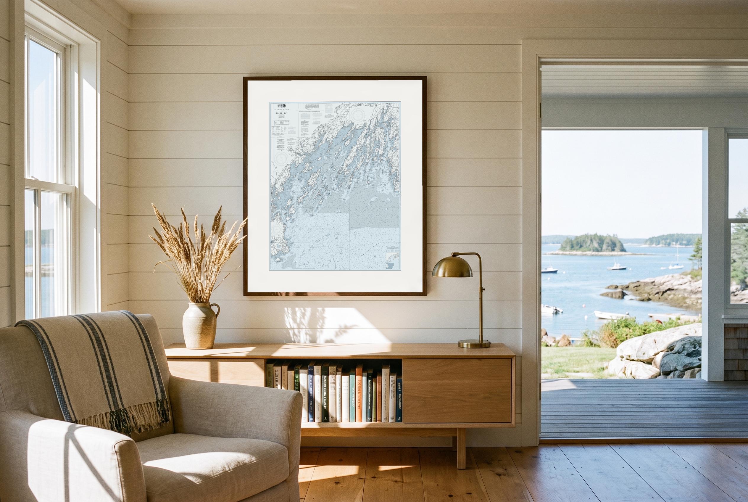 Casco Bay in Sea Smoke, framed in a room