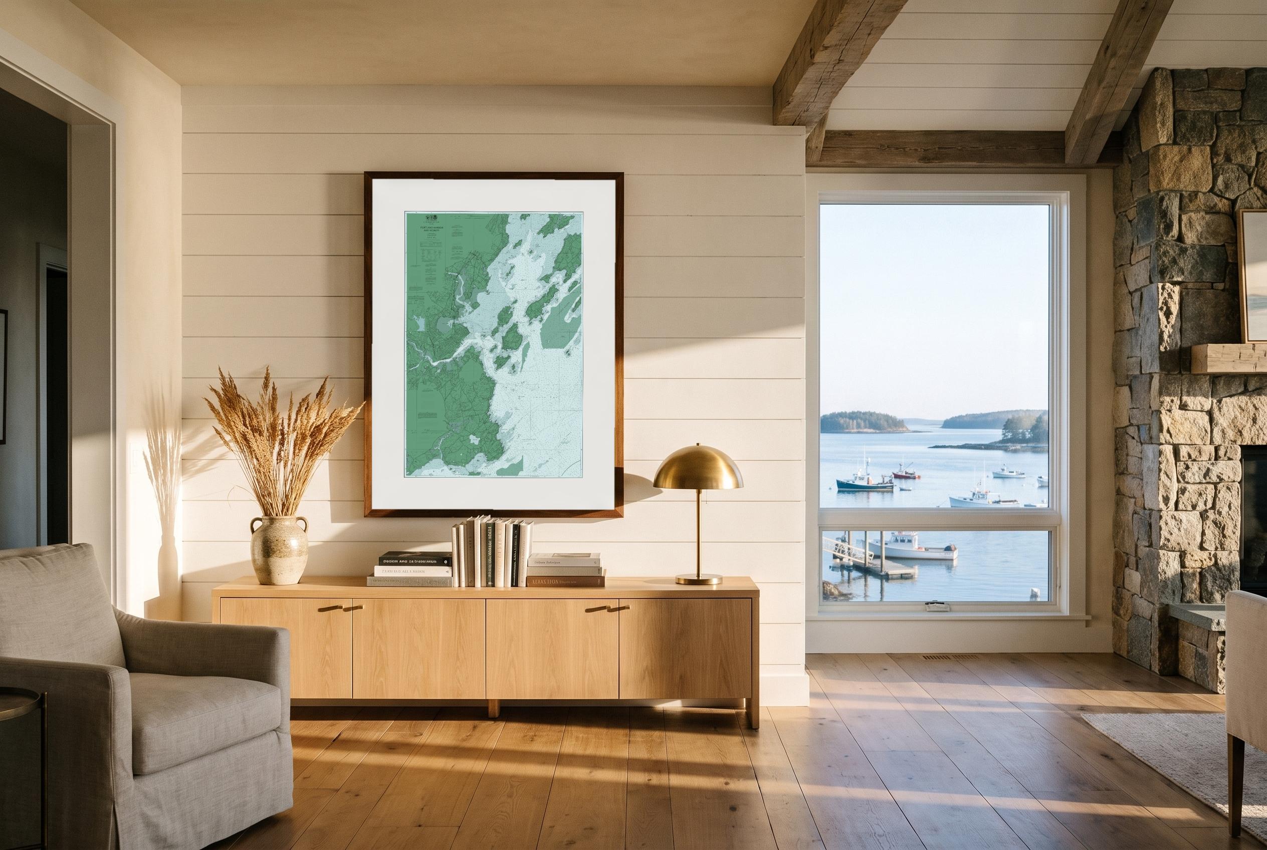 Portland Harbor in Salt Marsh, framed in a room