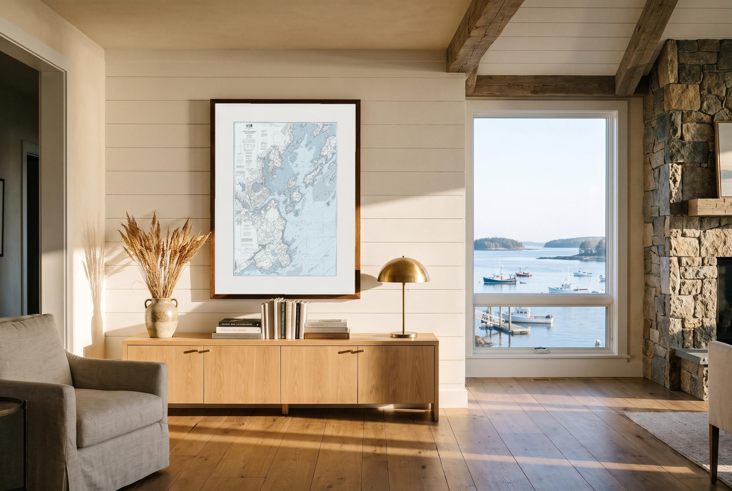Portland Harbor in Sea Smoke, framed in a room