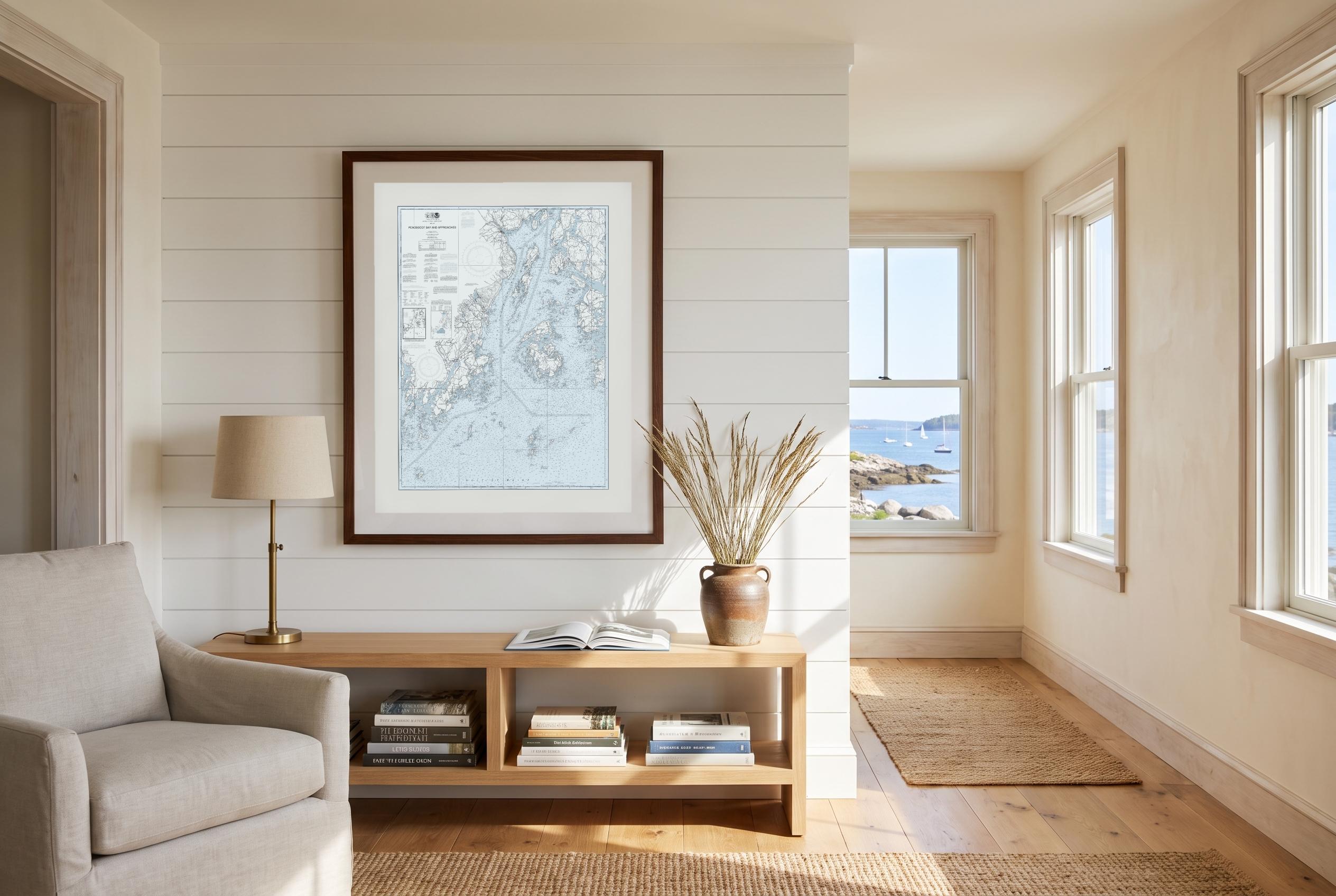 Penobscot Bay in Sea Smoke, framed in a room