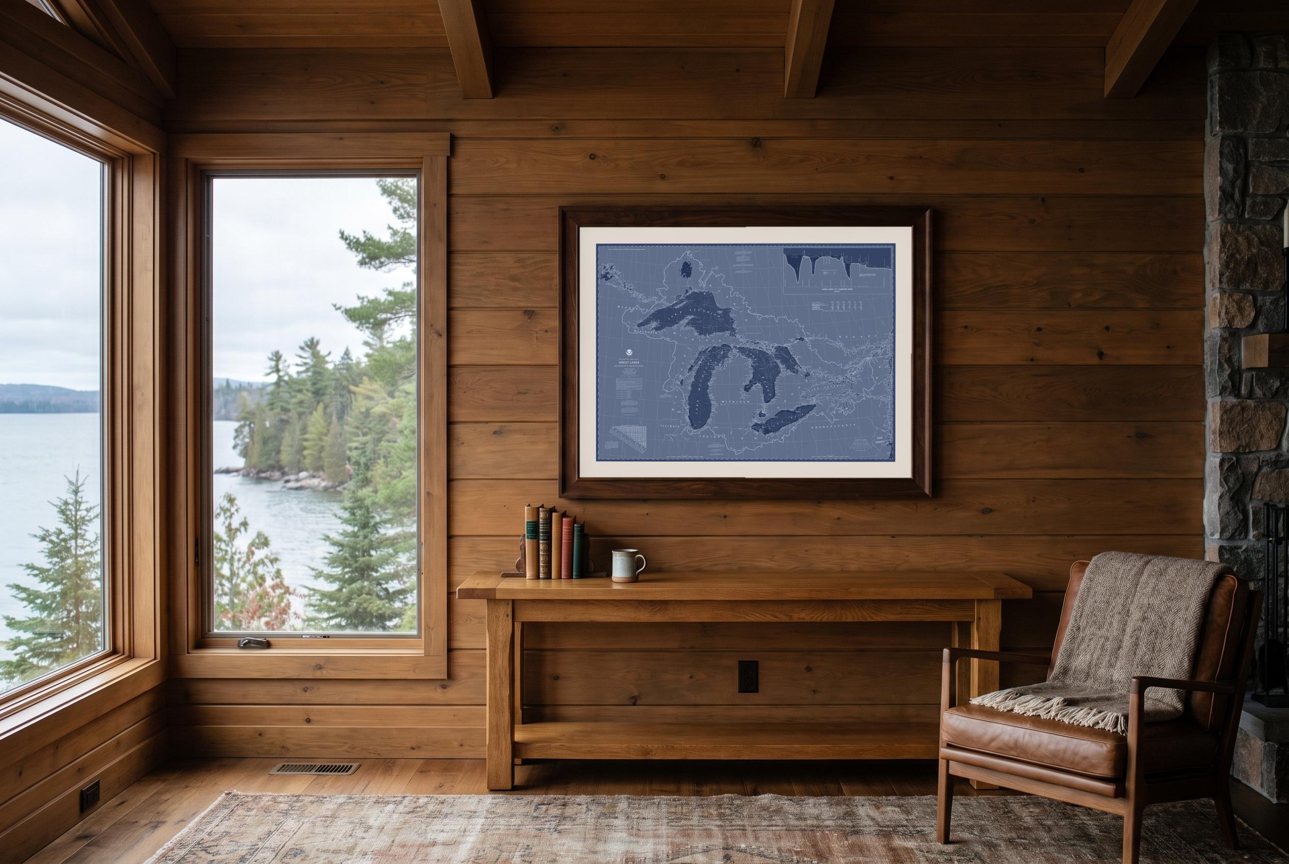Great Lakes in Blueprint Blue, framed in a room