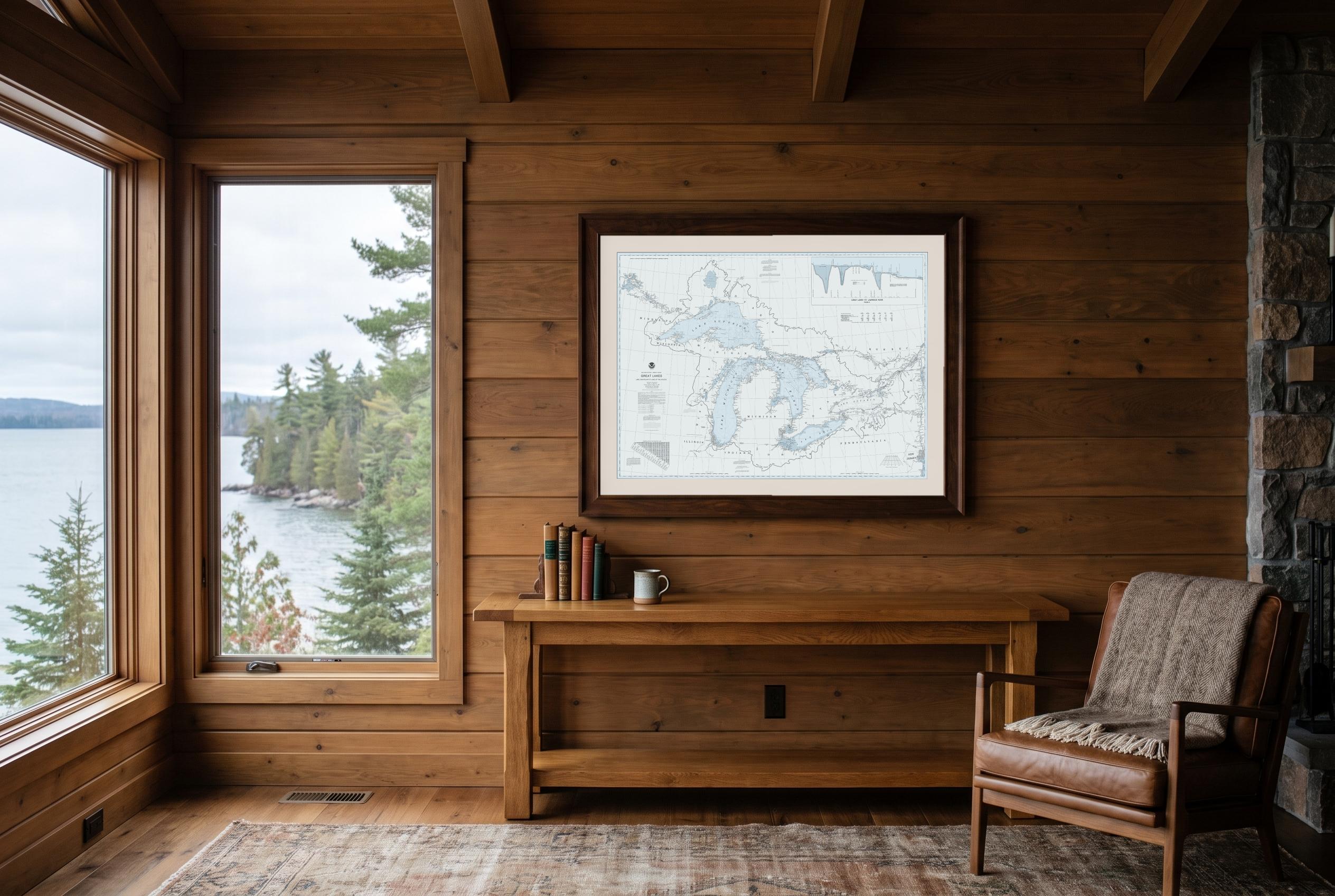 Great Lakes in Sea Smoke, framed in a room