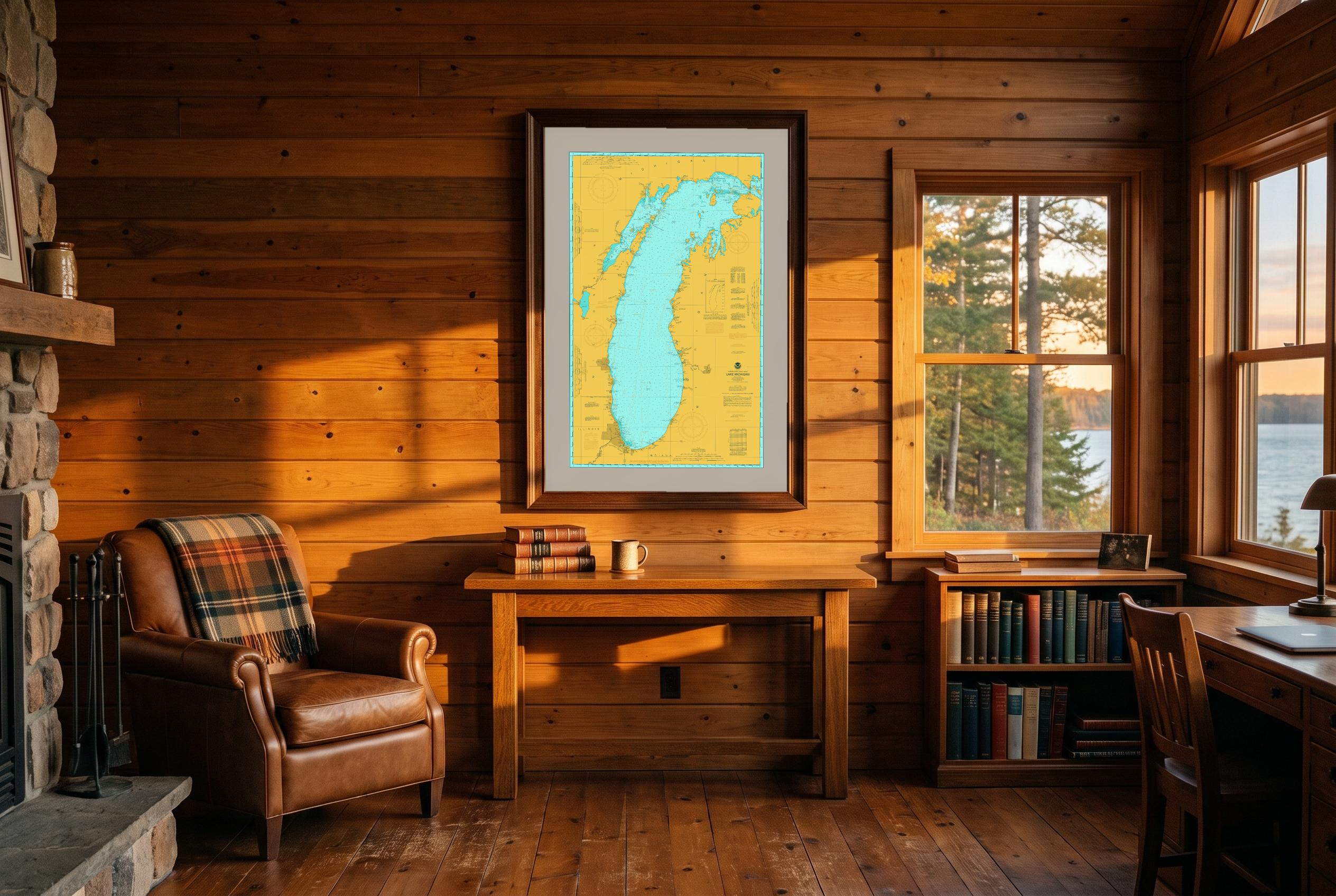 Lake Michigan in Doubloon, framed in a room