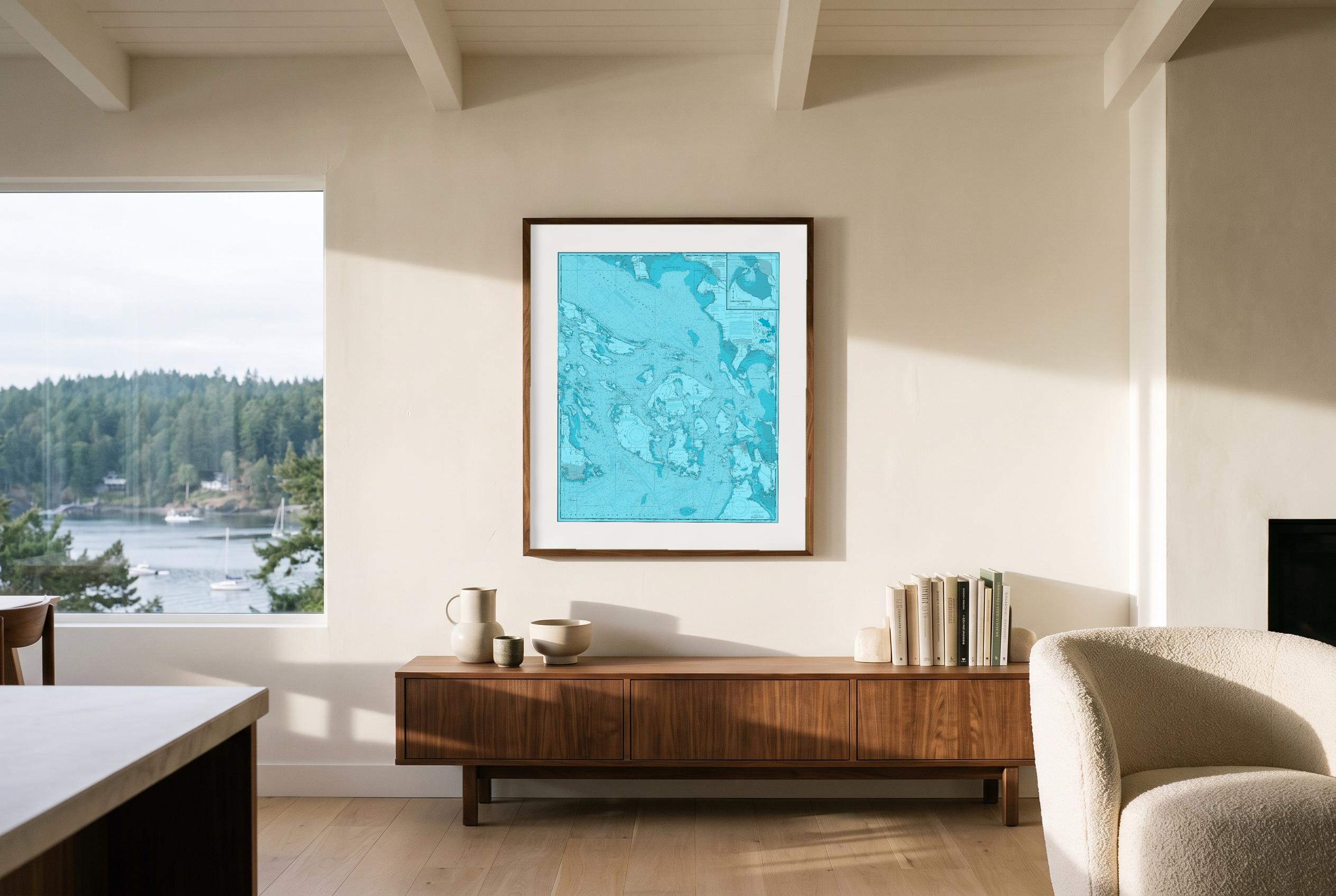 San Juan Islands in Riptide, framed in a room