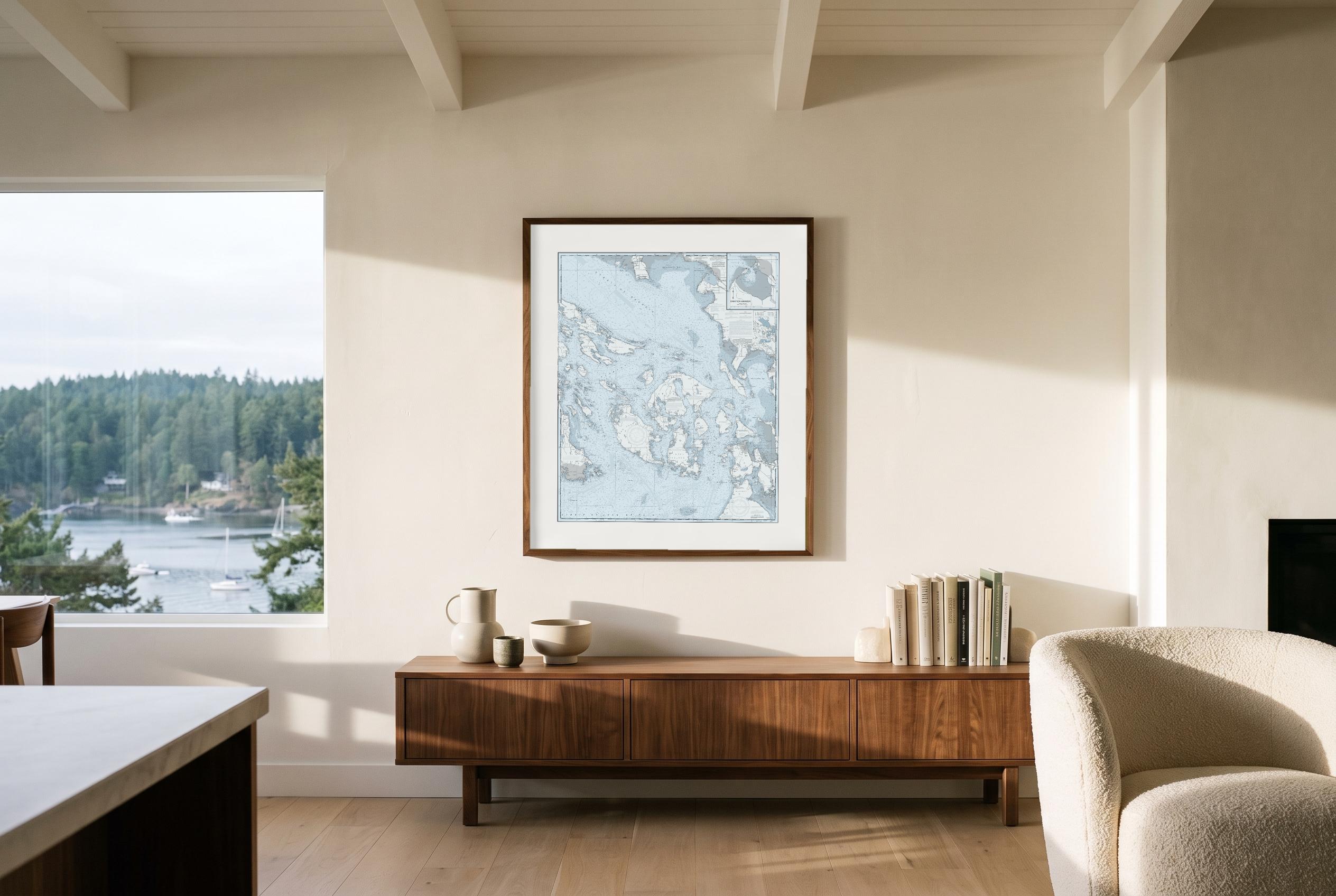 San Juan Islands in Sea Smoke, framed in a room