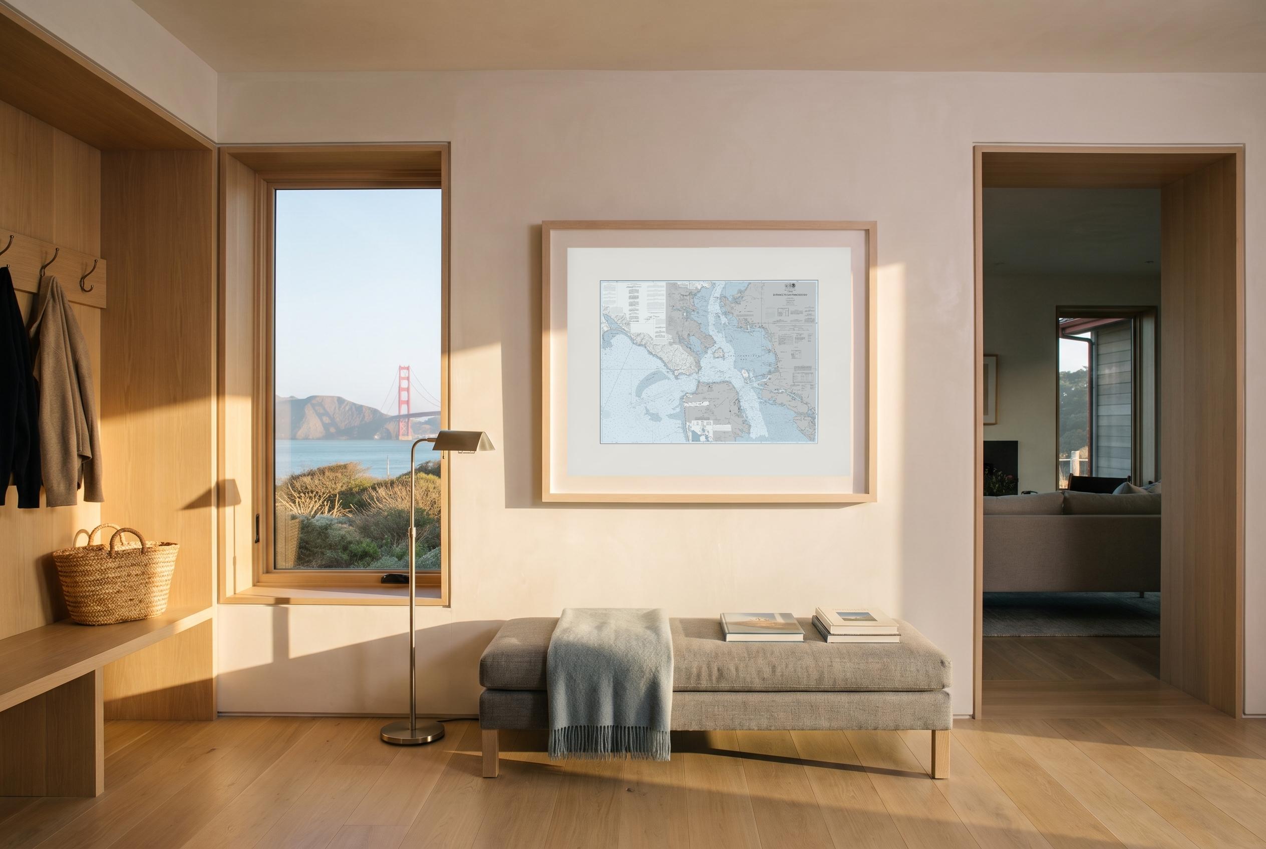 Golden Gate in Sea Smoke, framed in a room
