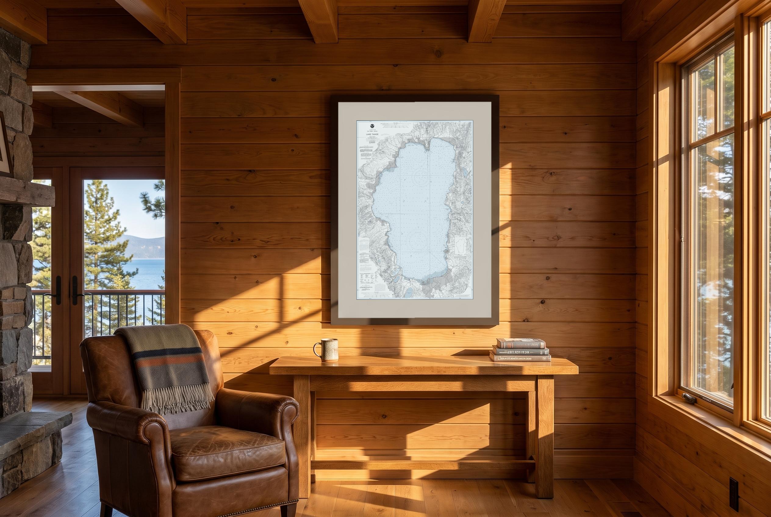 Lake Tahoe in Sea Smoke, framed in a room