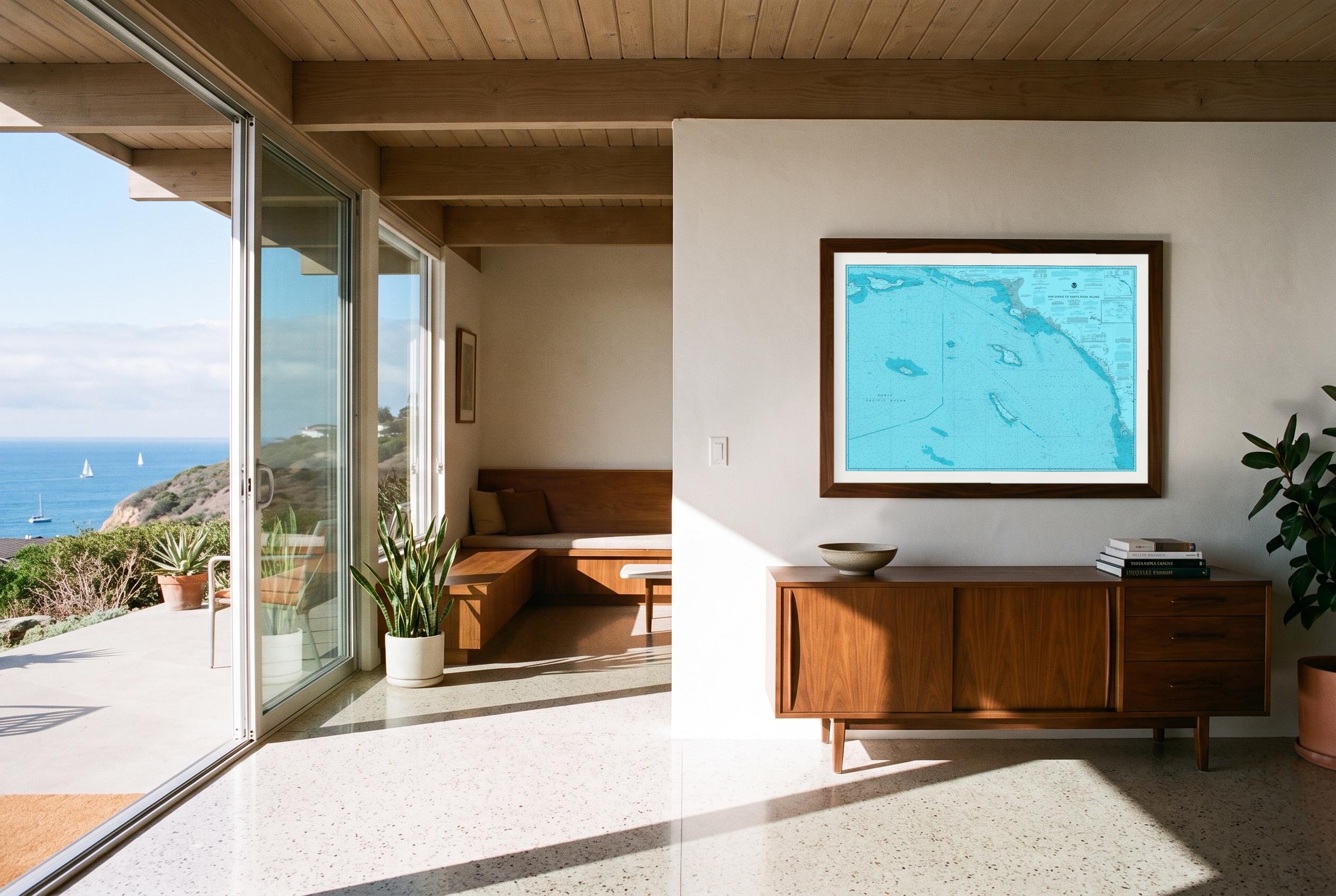 San Diego to Santa Rosa Island in Riptide, framed in a room