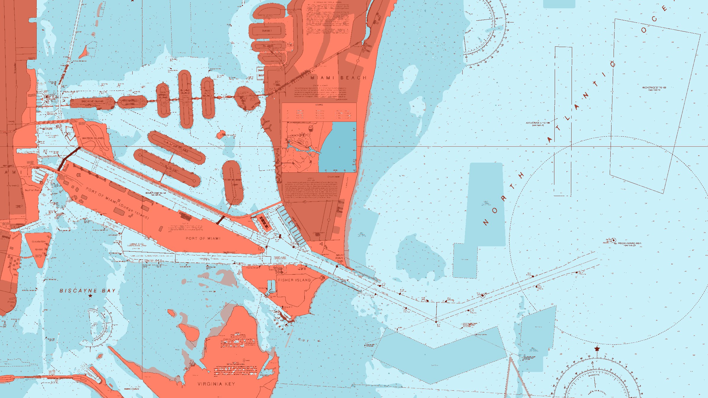 Miami Beach nautical chart in Reef Break, framed on a wall