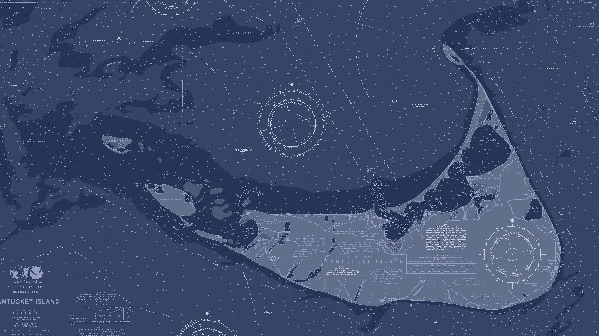 Nantucket nautical chart in Blueprint Blue, framed on a wall