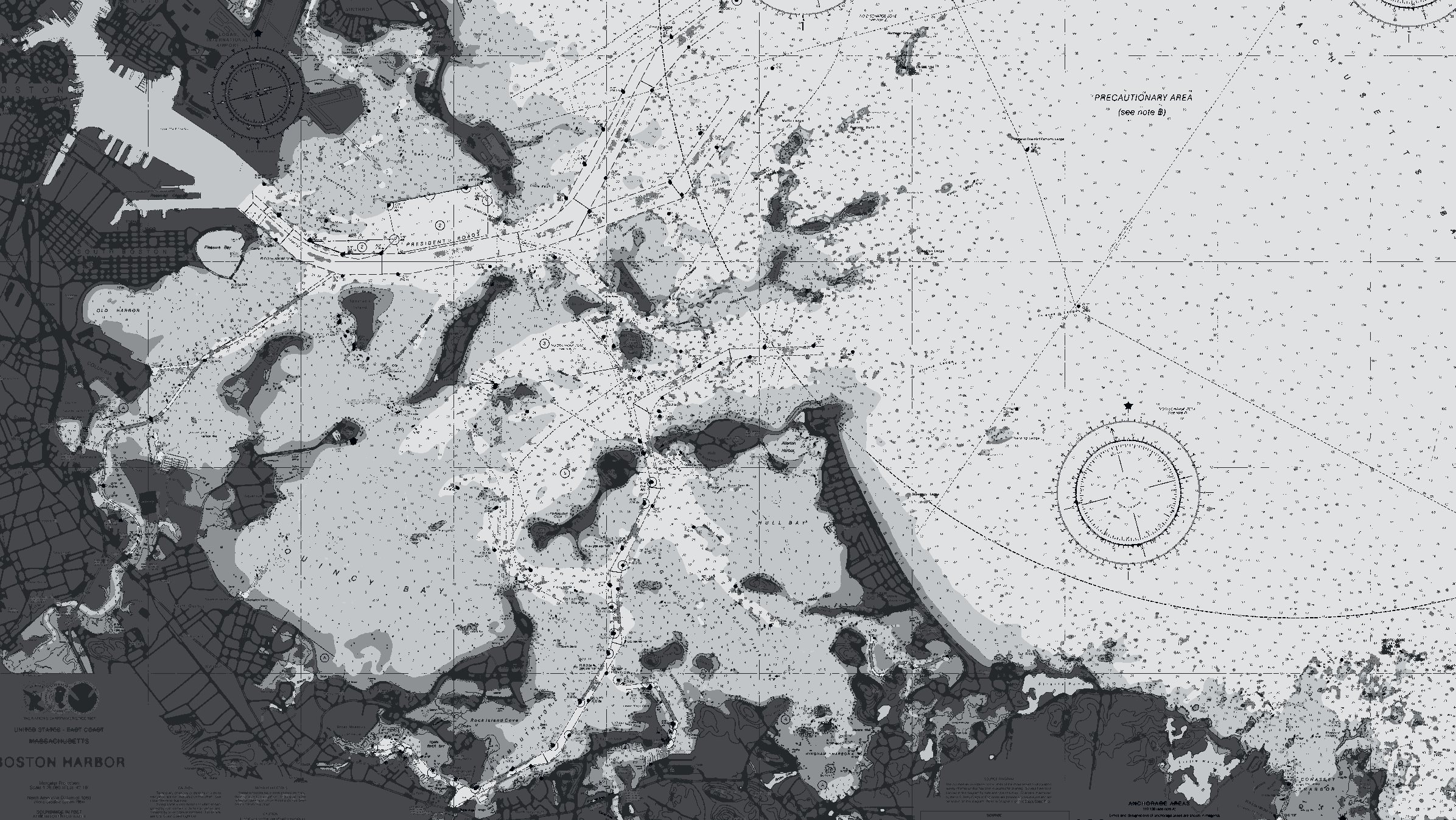 Boston Harbor nautical chart in Nor'easter, framed on a wall